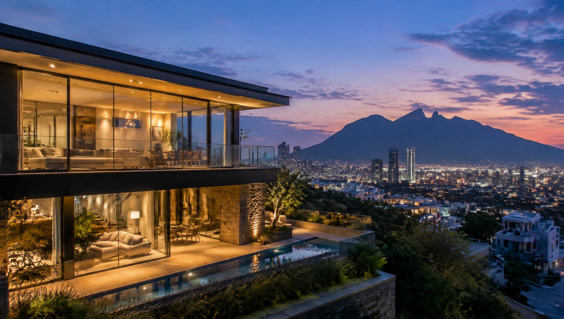 Casa moderna en Monterrey al atardecer